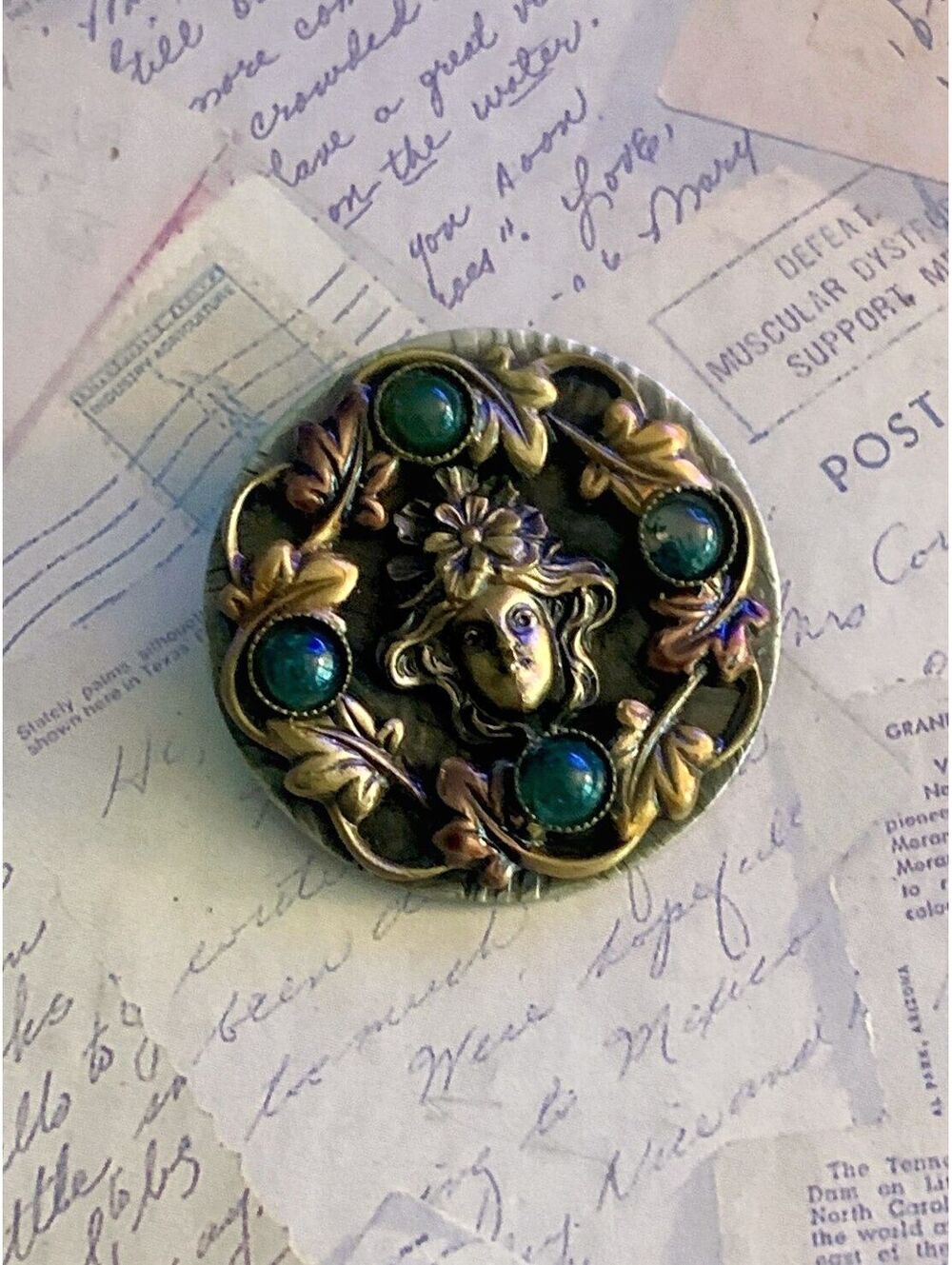 Vintage Art Nouveau Revival Maiden & Foliate Metal-Mounted Button Brooch